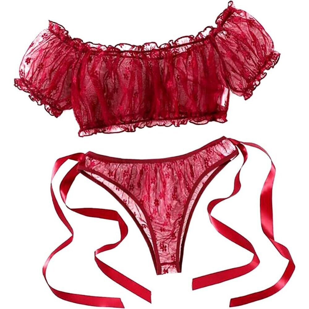 Women's Red Through Two Ways Wear Lingerie Sets Tulle Tie Top Thong Underwear
